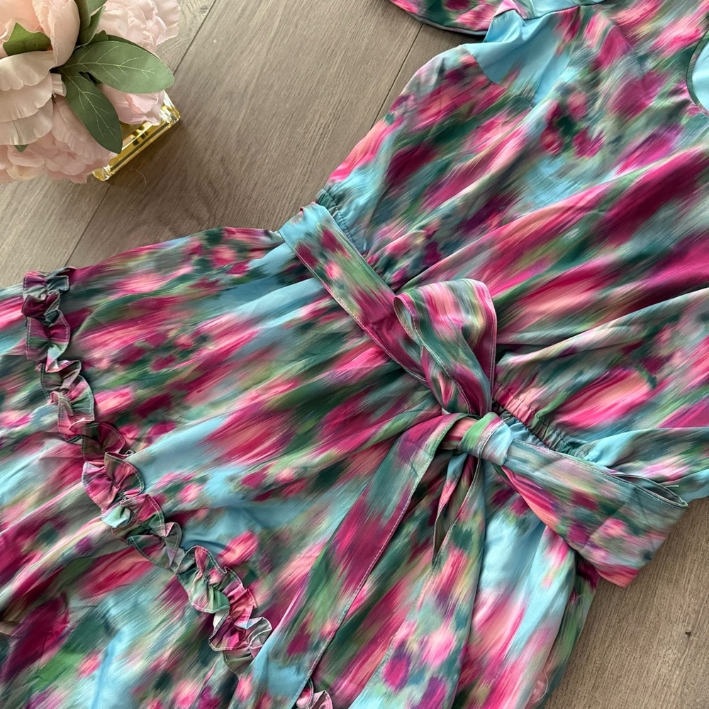 New Badgley Mischka Mark & James Spring Colorful Tiered Midi Dress - Picture 3 of 6